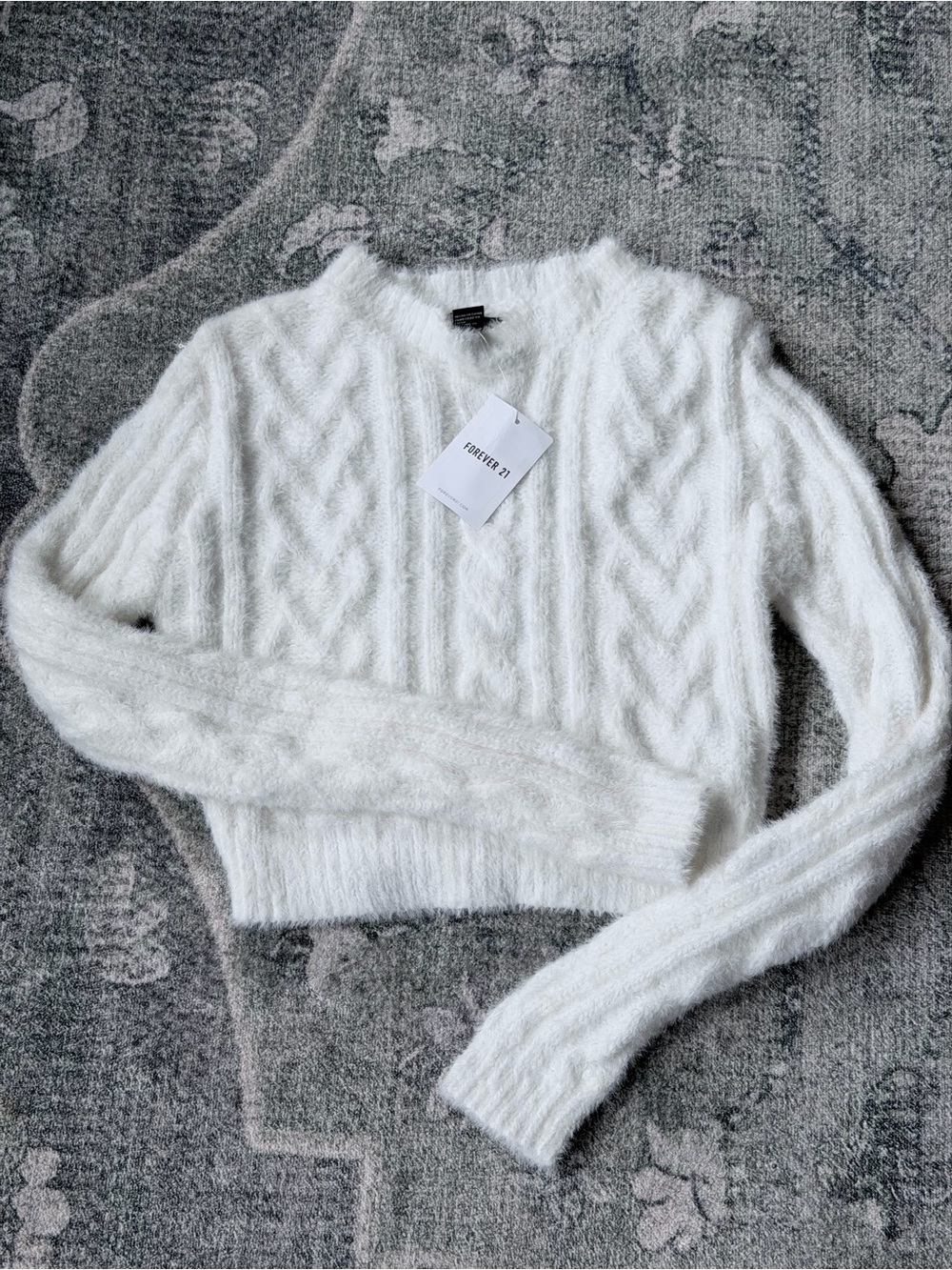 Forever 21 White Fuzzy Cable Knit Crewneck Sweater